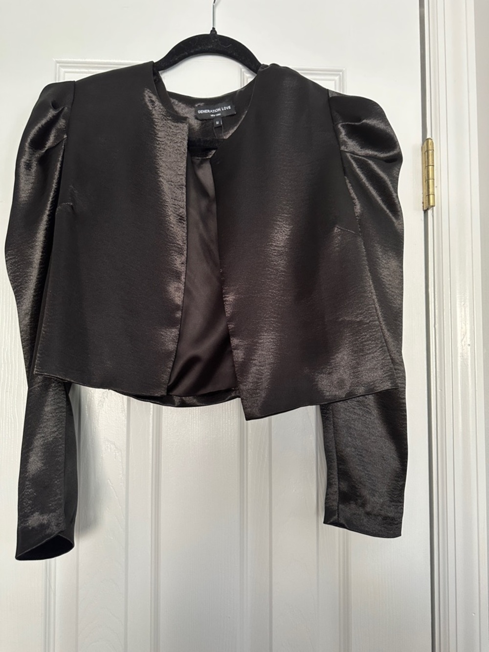 Generation Love Black Satin Cropped Puff Sleeve Open Jacket